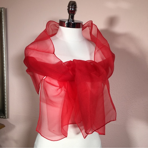 Vintage 40 50 Retro Sheer Red Oversized Long Scarf Wrap Minimalist Evening - Picture 15 of 15